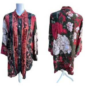 Citron Red Floral Kimono Blouse Silk Size 1X